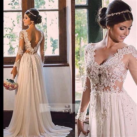 Lace Wedding Dresses Long Sleeve Beaded Appliques Sheer Illusion