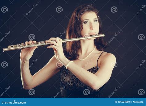 Woman Playing Transverse Flute On Black Stock Photo Image Of Concert Alluring