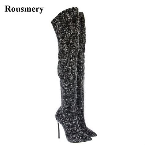 women fashion pointed toe blingbling rhinestone over knee high heel boots sexy slim crystal