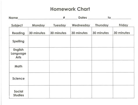 1st Grade Homework Chart Templates