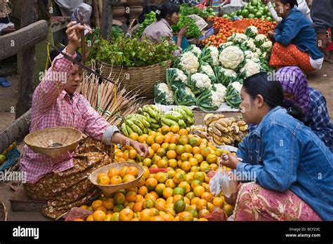 Myanmar Burma Nyaung U A Busy Market Scene With Fresh Fruit And