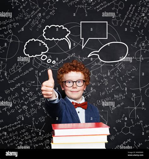 Cute Clever Kid Boy With Empty Speech Clouds Bubbles On Science