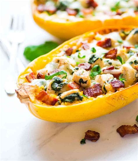 Healthy Spaghetti Squash Boats With Chicken Bacon And Cheese Easy