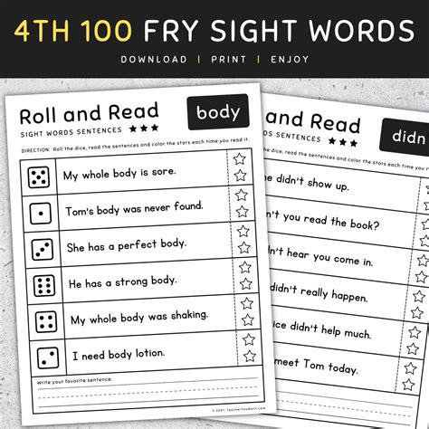 4th 100 Fry Sight Words Roll And Read Sight Words Fluency Worksheets
