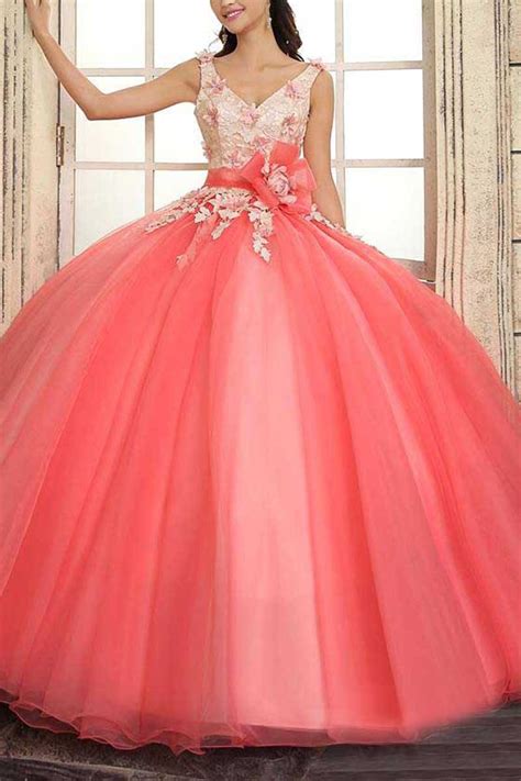Coral V Neck Quinceanera For 15 Years Of Debutante