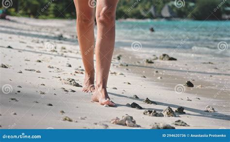 Woman Bare Feet Walking White Sand Beach Close Up Stock Photo Image