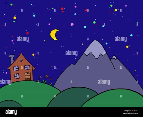 Stars And Moon And Mountains In The Night Sky Cartoon Images Stock