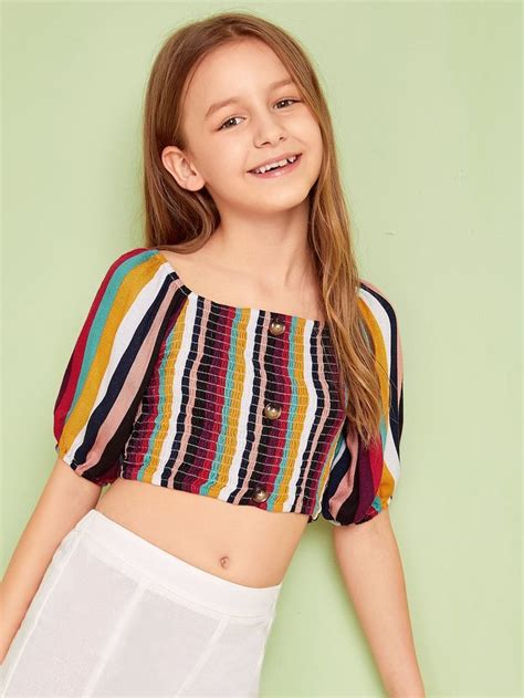 Shein Girls Buttoned Front Shirred Colourful Striped Top Girls Blouse