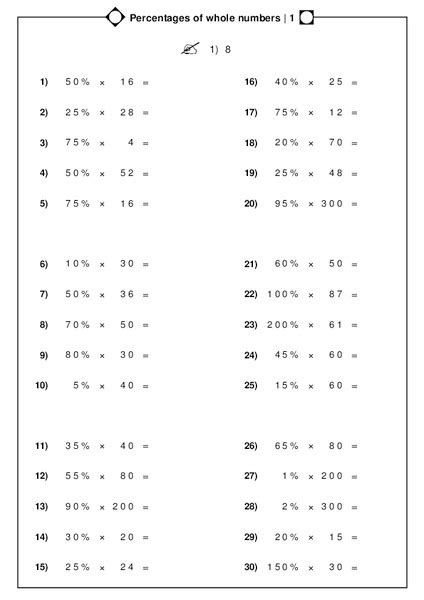 Multiplying Percentages With Whole Numbers Worksheets