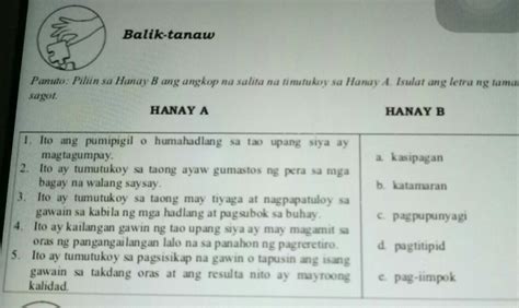 Balik Tanaw Panuto Piliin Sa Hanay B Ang Angkop Na Salita Na Tinutukoy