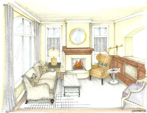 Rendered Perspective Drawing Living Room Metal Scheme Sketsa