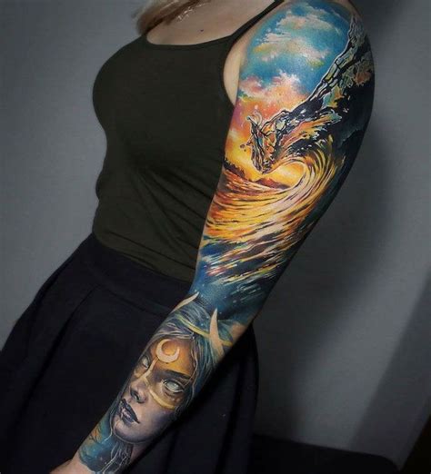Ocean Waves Female Face Watercolour Tattoos For Men On Arm