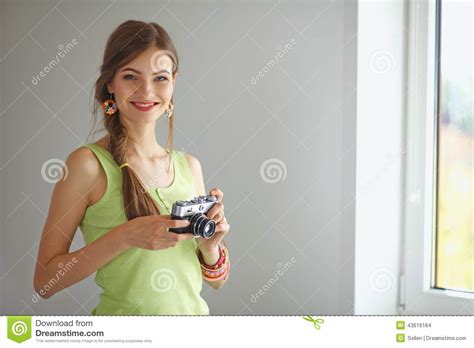 Portrait Of A Young Beautiful Photographer Woman Stock Photo Image Of