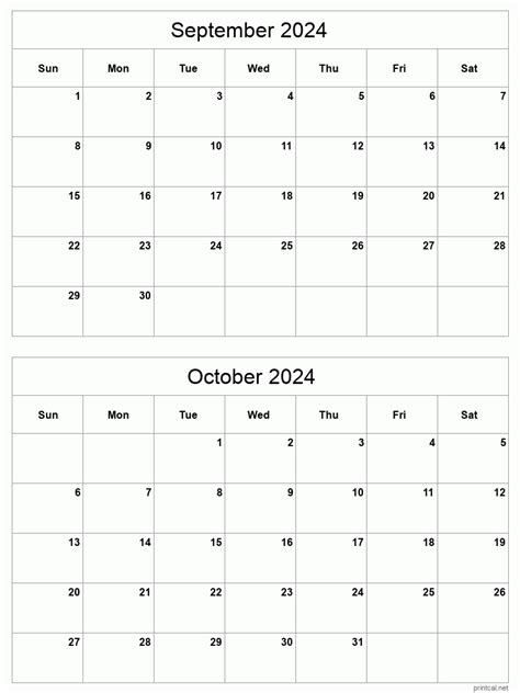September To October 2024 Printable Calendar Two Months Per Page