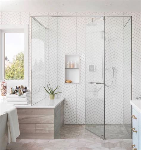 Laying tiles in a chevron pattern is a lovely way to mix it up and create a bit of texture in your bathroom. Walk-in Shower With Seat Ideas - On a Budget and Elderly ...