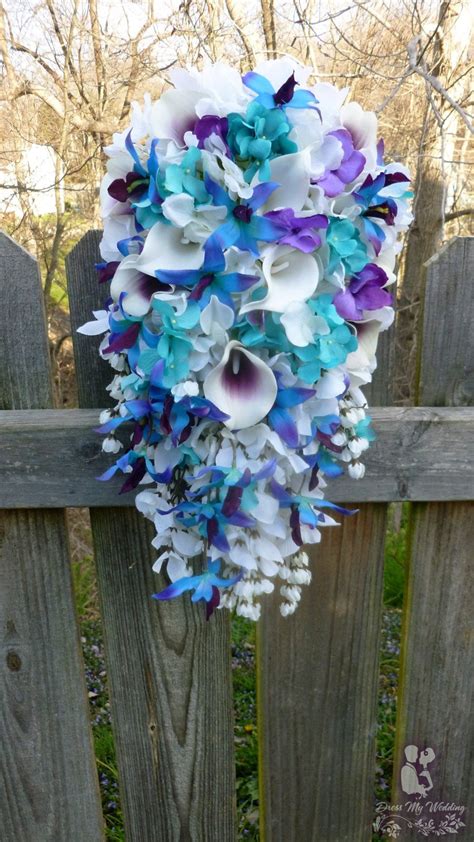 dress my wedding cascading blue orchid bouquet with turquoise and purple accent