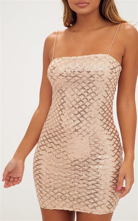 Rose Gold Strappy Sequin Straight Neck Bodycon Dress