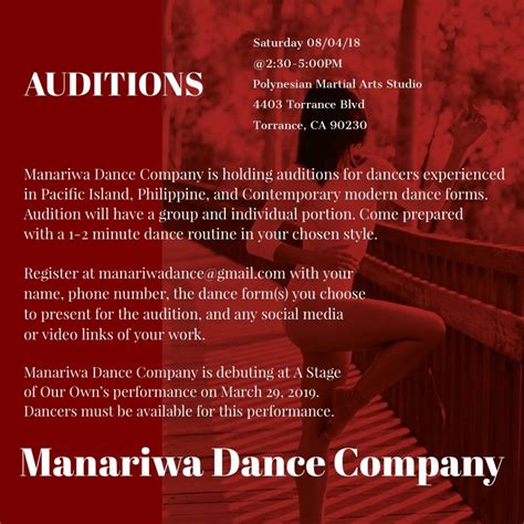 Dance Company Auditions In Los Angeles For Pacific Island Philippine