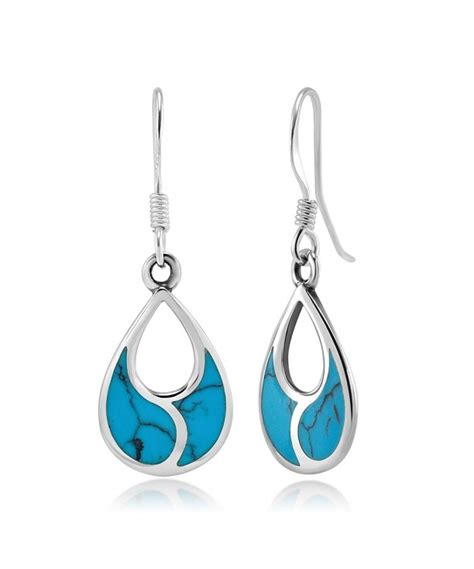 925 Sterling Silver Simulated Blue Turquoise Teardrop Dangle Earrings