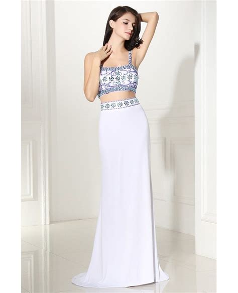 Two Piece Long White Prom Dress With Beaded Straps Lg0297