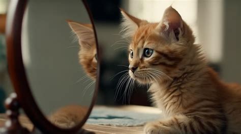 Premium AI Image Kitten Looking At Round Mirror On Table Male Lion Inside Mirror Close Up