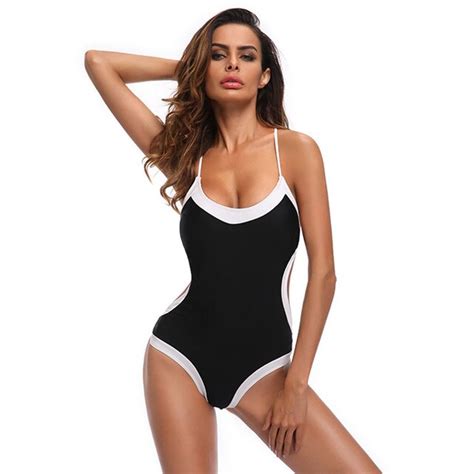 Backless Solid Sexy One Piece Swimsuit Women Patchwork Bodysuit