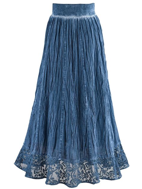 Womens Peasant Skirt Indigo Blue Pigment Washed Crochet Hem Elastic