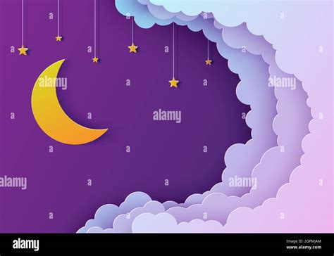 Night Sky In Paper Cut Style Cut Out 3d Background With Violet And