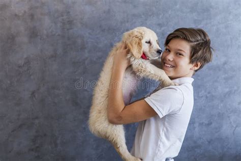 Teen Boy With Golden Retriever Stock Photo Image Of Friendship