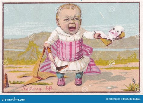 Vintage Illustration Trading Card With Crying Baby Holding A Broken