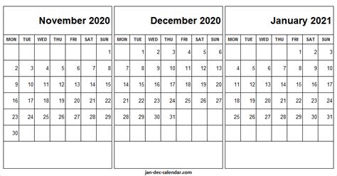 December 2020 Calendar And January 2021 Calendar Printable Blank