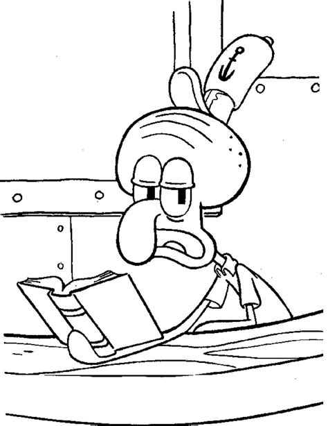 Squidward Reading Book Coloring Page Spongebob Cartoon