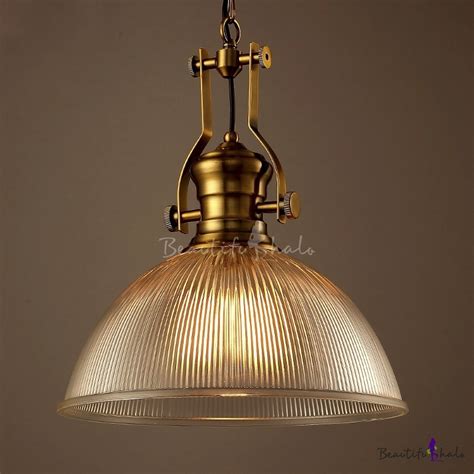 Vintage Dome Pendant With Ribbed Glass Single Head Suspended Light In Brass For Corridor Hallway