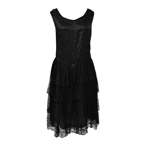 Vintage Black Chiffon Bias Cut Evening Dress W Beading C1920s For