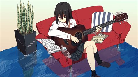 Desktop Wallpaper Guitar Play Anime Girl Sofa Original Hd Image