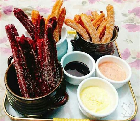 Different Flavored Churros With Different Dipping Sauce Milk Choco