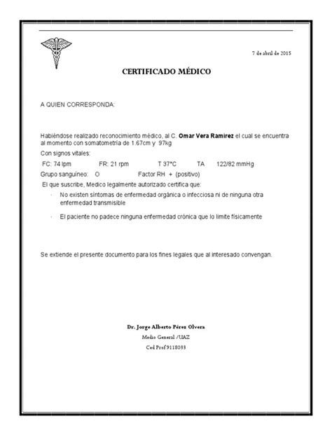 Ejemplo De Certificado Medico Certificado Medico Medicos
