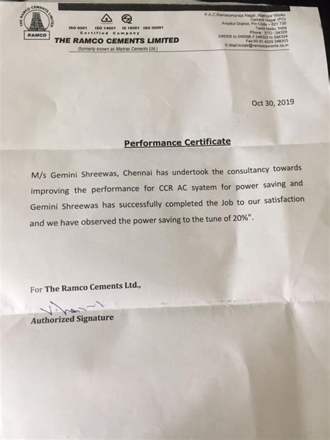 Experience Certificate Gemini Shreewas Hvac Contractors