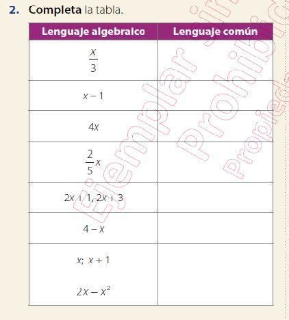 Completa la tabla traducir lenguaje algebraico a lenguaje común