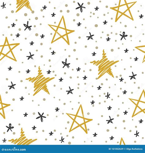 Sketch Star Seamless Pattern Starry Sky With Golden And Black Stars