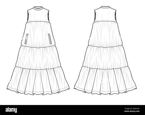 Sleeveless Maxi Dress Front And Back View Technical Flat Drawing Vector