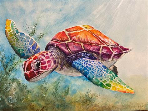 Giclee Print Of A Rainbow Turtle Marine Rainbow Art Home Etsy