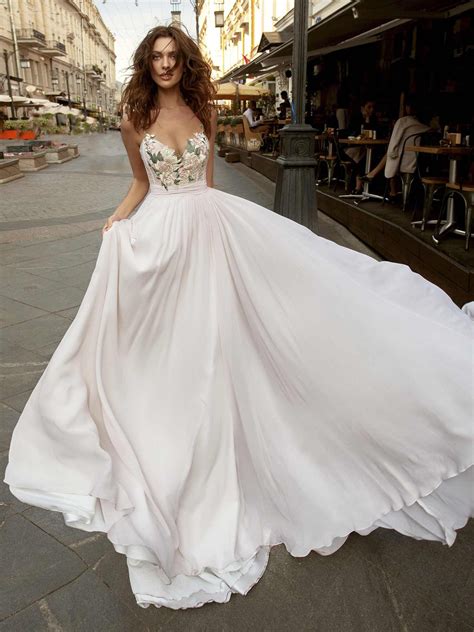 Papilio Chiffon Wedding Gown With Spaghetti Straps And Colored
