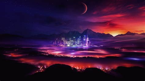 Wallpaper Planet Moon Stars Space Mountains Lights Night Sky