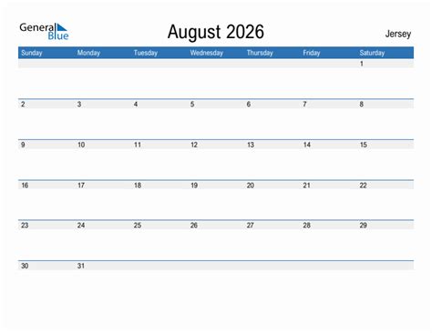 August 2026 Monthly Calendar With Jersey Holidays