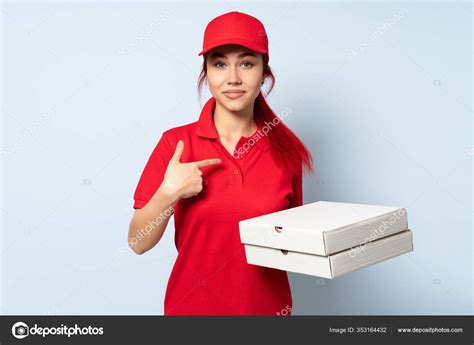 Pizza Delivery Girl Holding Pizza Isolated Background Surprise Facial