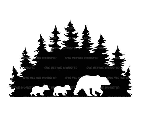 Mama Bear And Cubs Svg In Forest Svg Woods Svg Trees Wildlife