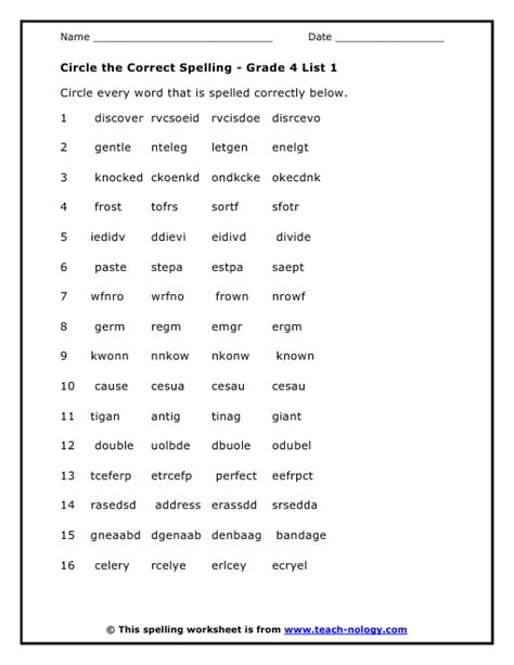 Spelling Worksheets Grade 4