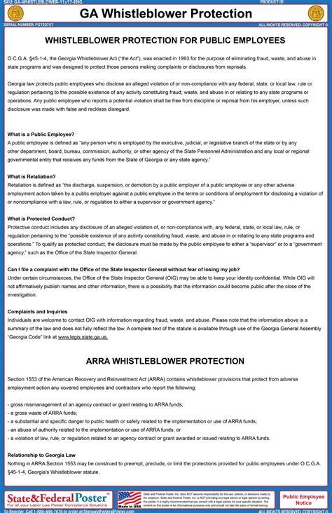 Georgia Whistleblower Protection Act Poster — State and Federal Poster