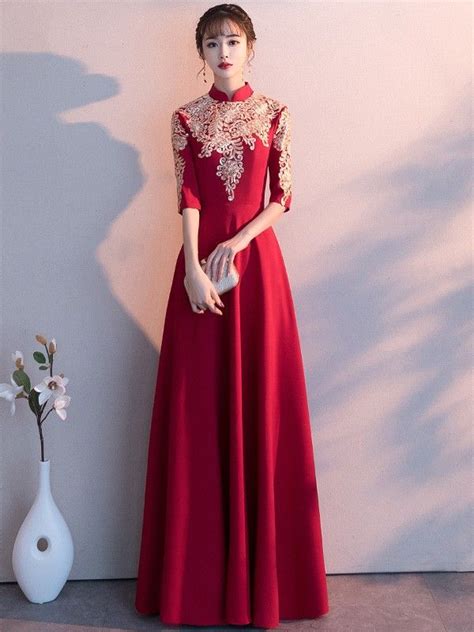 Red A Line Floor Length Qipao Cheongsam Evening Dress With Gold Appliques Dresses Evening